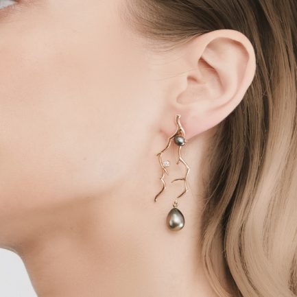 Mirrors Tahitian Pearl and Diamond Coral Twigs Earrings