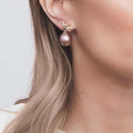 Lavender Freshwater Pearl, Sapphire and Diamond Insect Earrings