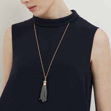 Tahitian Pearl, Diamond and Green Sapphire Beads Tassel Necklace