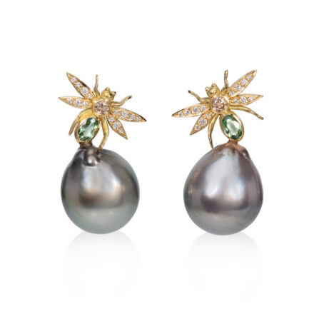 Tahitian Pearls, Green Sapphire and Diamond Insect Earrings