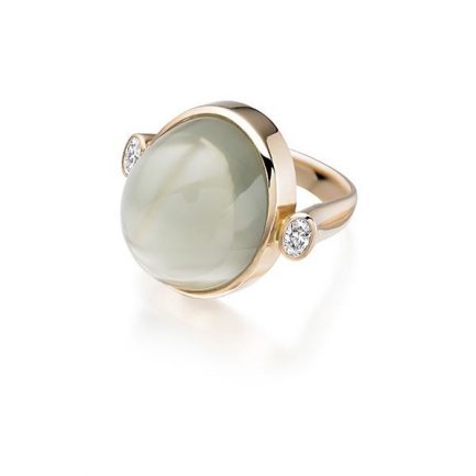Green moonstone and oval diamonds in 18 carat rose gold