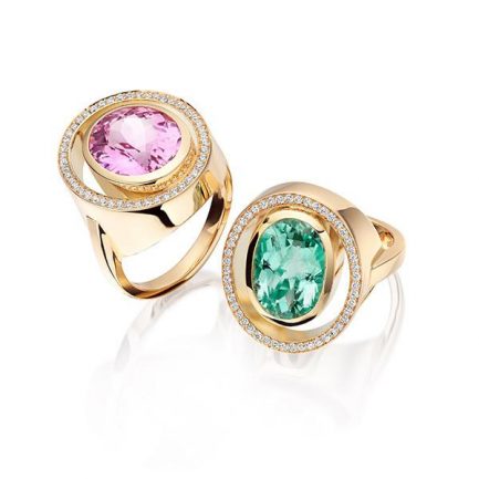 Peacock rings Kunzite and green tourmaline with pave set diamonds in 18 carat gold