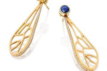 Bee wing earrings with diamond and zirkon in 18 carat gold