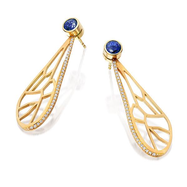 Bee wing earrings with diamond and zirkon in 18 carat gold