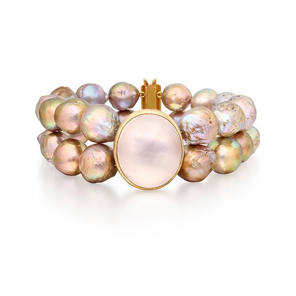 Metallic freshwater pearl and rose quartz bracelet in 18 carat gold