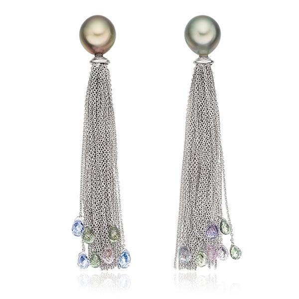 Tahitian pearl and multicolour sapphire briollete earrings in 18 carat gold